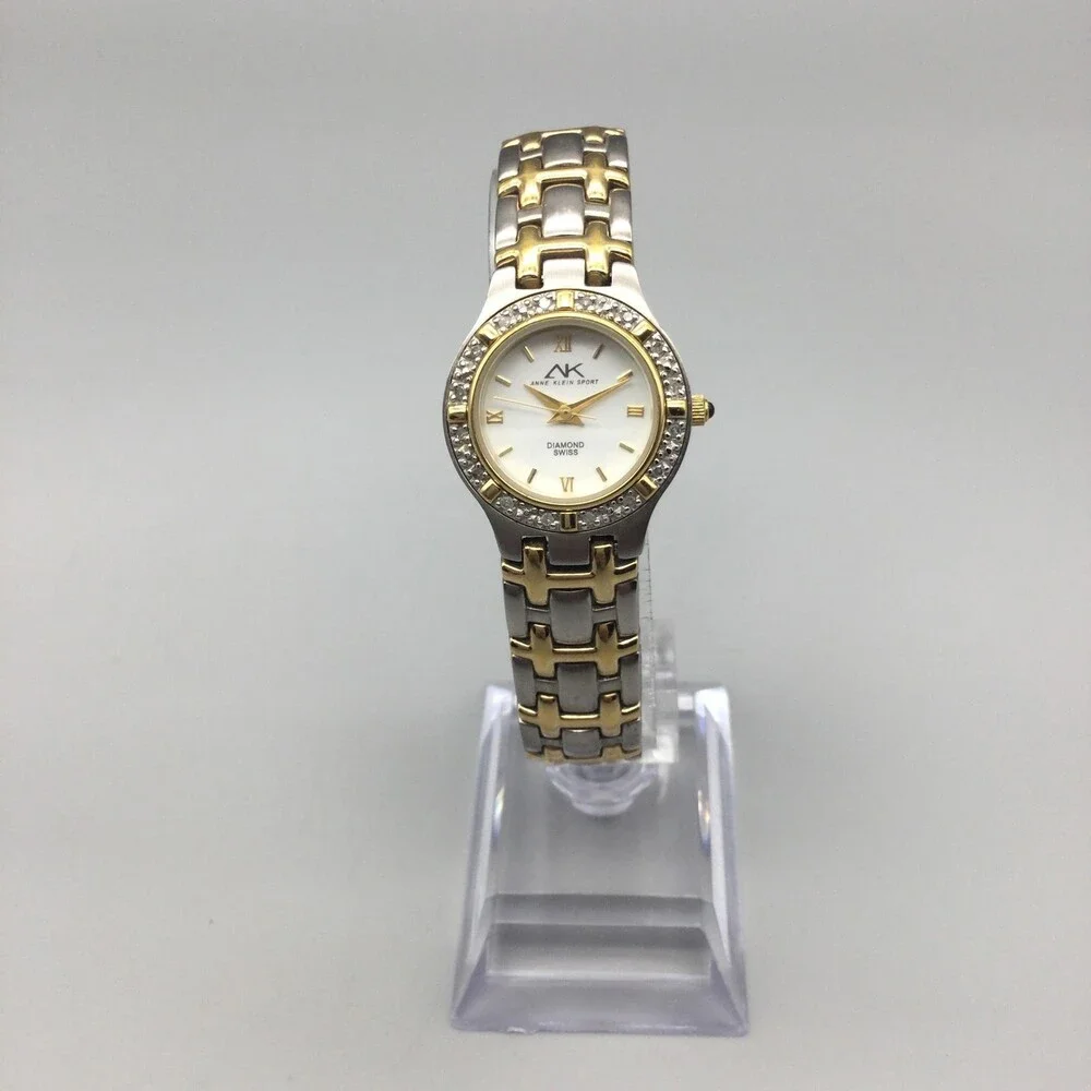 Anne Klein Diamond Swiss Womens Watch 24mm White Dial Two Tone New Battery 7.25